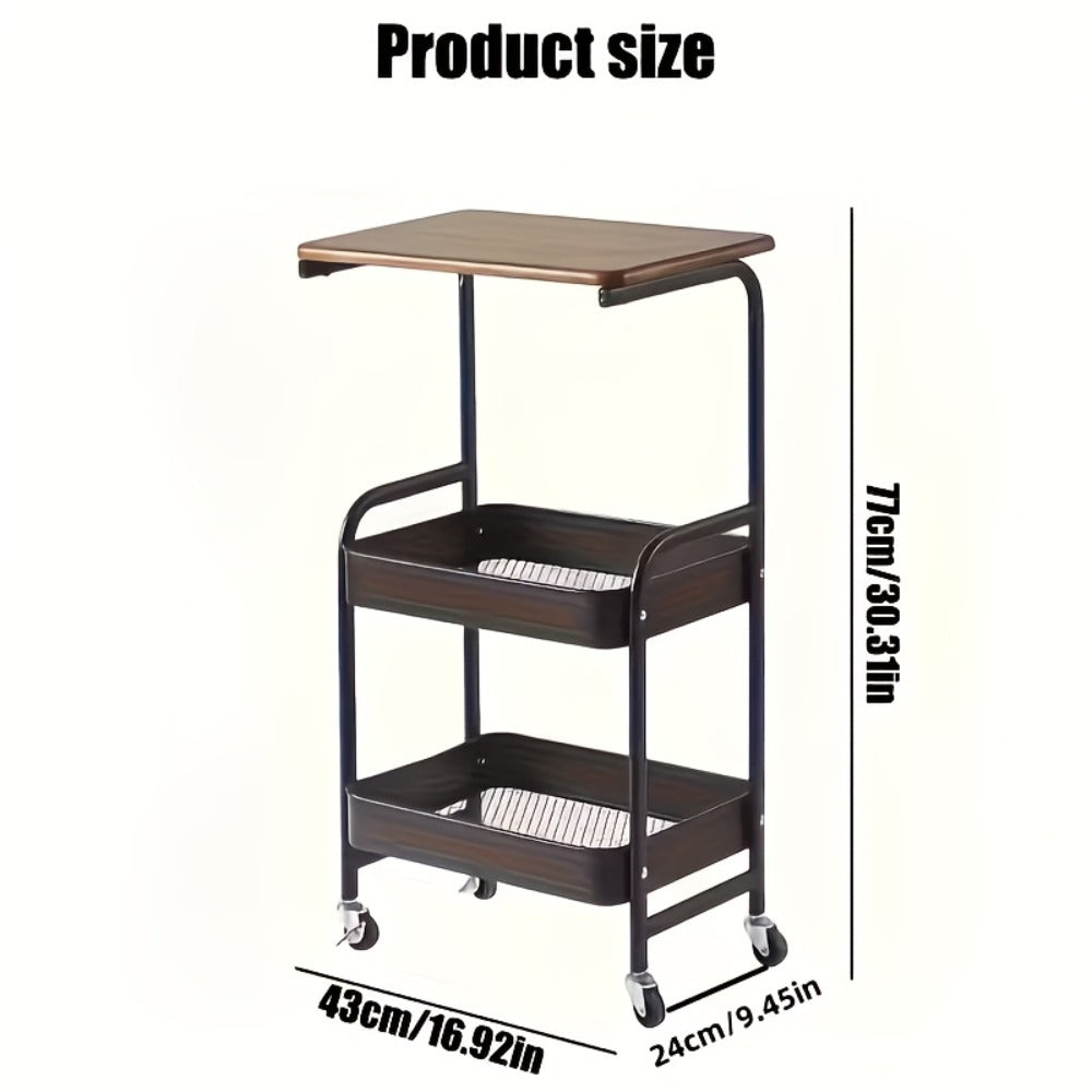 Three-Tier Rolling Storage Cart with Wooden Tabletop, Reinforced Black Frame and Locking Casters