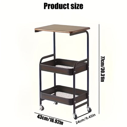 Three-Tier Rolling Storage Cart with Wooden Tabletop, Reinforced Black Frame and Locking Casters