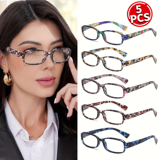 Reading Glasses 5-Pack Square Multicolor Printed Frames with HD Lens Label & 1.0x to 4.0x Options