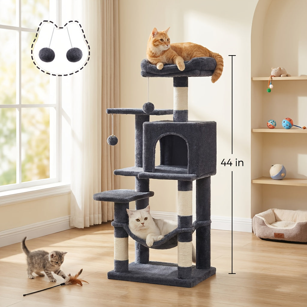 44- or 66-Inch Cat Tree Condo with Cave, Hammock, Raised Platforms and Four Color Options for Indoor Cats
