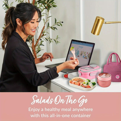 Two-Layer Bento Box Set with Multiple Compartments, Cup, Carry Bag, Cutlery and Sauce Container
