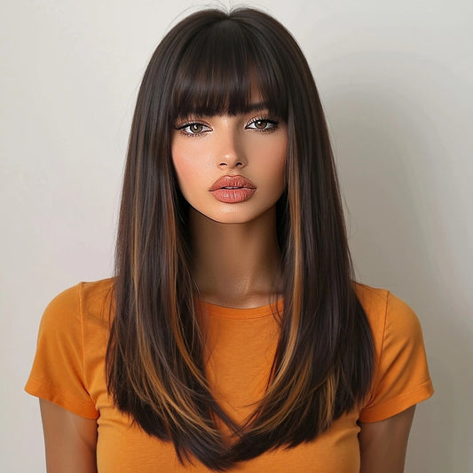 Synthetic Wig 24-Inch Dark Brown Straight Headband Style with Bangs and No-Lace Glueless Cap