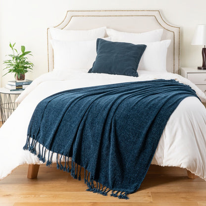 Chenille Fringe Throw Blanket – 180-200gsm Velvety Soft Decorative Throw for Sofa & Couch, Home Decor, 50”×60”, 17 Colors