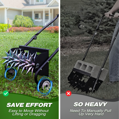 Rolling Lawn Aerator Push Spike 16.5" Heavy Duty with 5-Star Steel Tines, Weight Tray & Steel Handle for Deep Soil Aeration, Lawn Garden Yard Grass Care