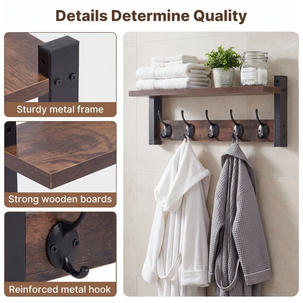 Wall Mounted Coat Hook Shelf with 5 Hooks - Wooden Floating Shelf & Key Rack Organizer for Entryway, Bedroom, Bathroom, Kitchen & Living Room - Rustic Vintage Style