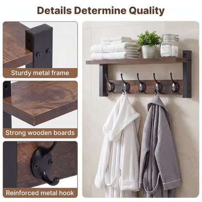 Wall Mounted Coat Hook Shelf with 5 Hooks - Wooden Floating Shelf & Key Rack Organizer for Entryway, Bedroom, Bathroom, Kitchen & Living Room - Rustic Vintage Style