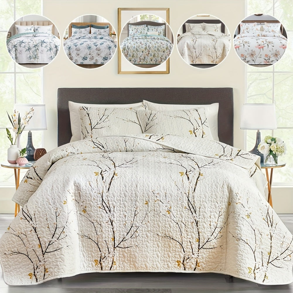Reversible Botanical Microfiber Quilt Set with Pillow Shams, Five Patterns and Twin, Full/Queen or King Sizes