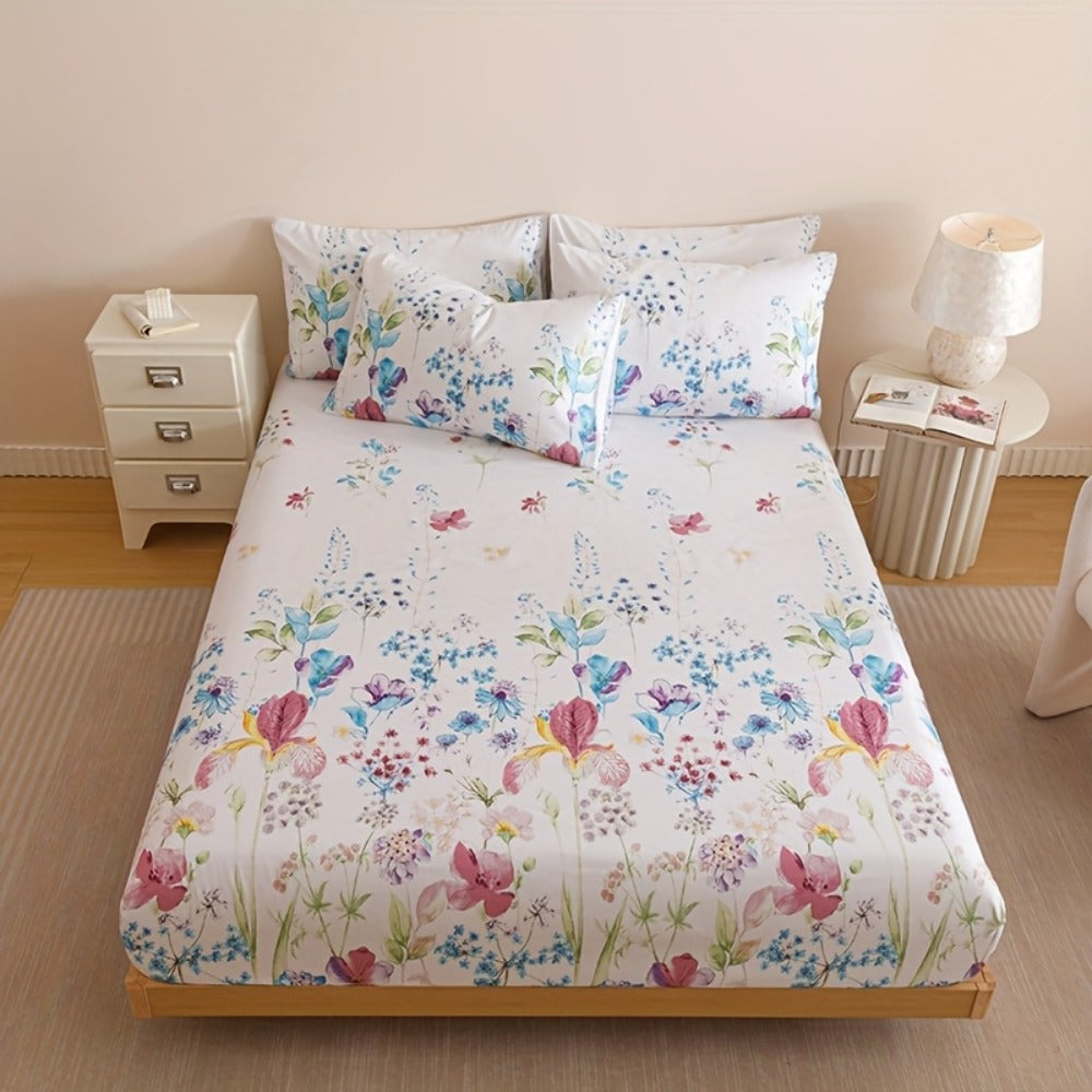 Four-Piece Floral Polyester Sheet Set with Fitted and Flat Sheets, Two Pillowcases and Four Sizes