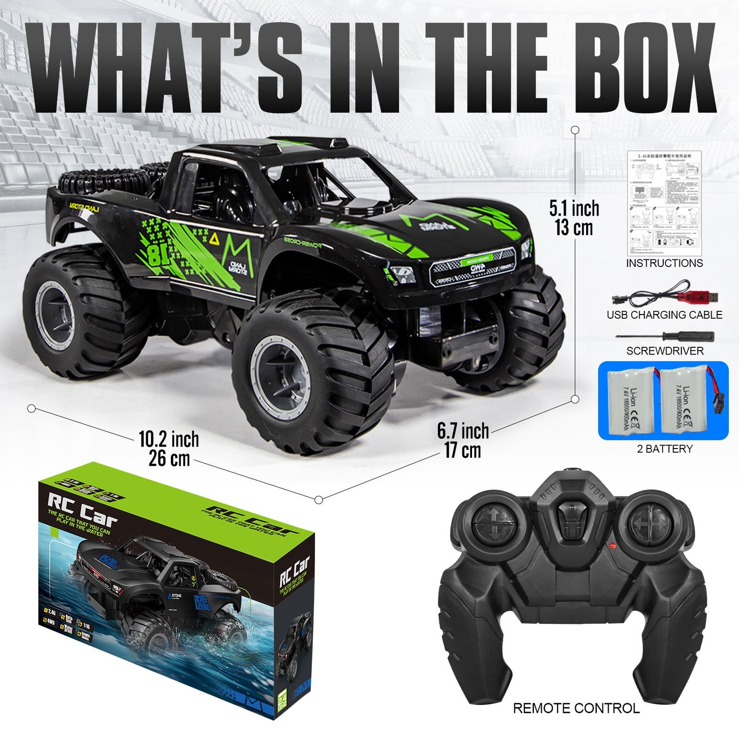 RC Monster Truck or Pickup 1:16 Scale in Five Body and Color Styles with 4WD Layout and Two Rechargeable Batteries