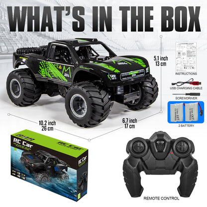 RC Monster Truck or Pickup 1:16 Scale in Five Body and Color Styles with 4WD Layout and Two Rechargeable Batteries