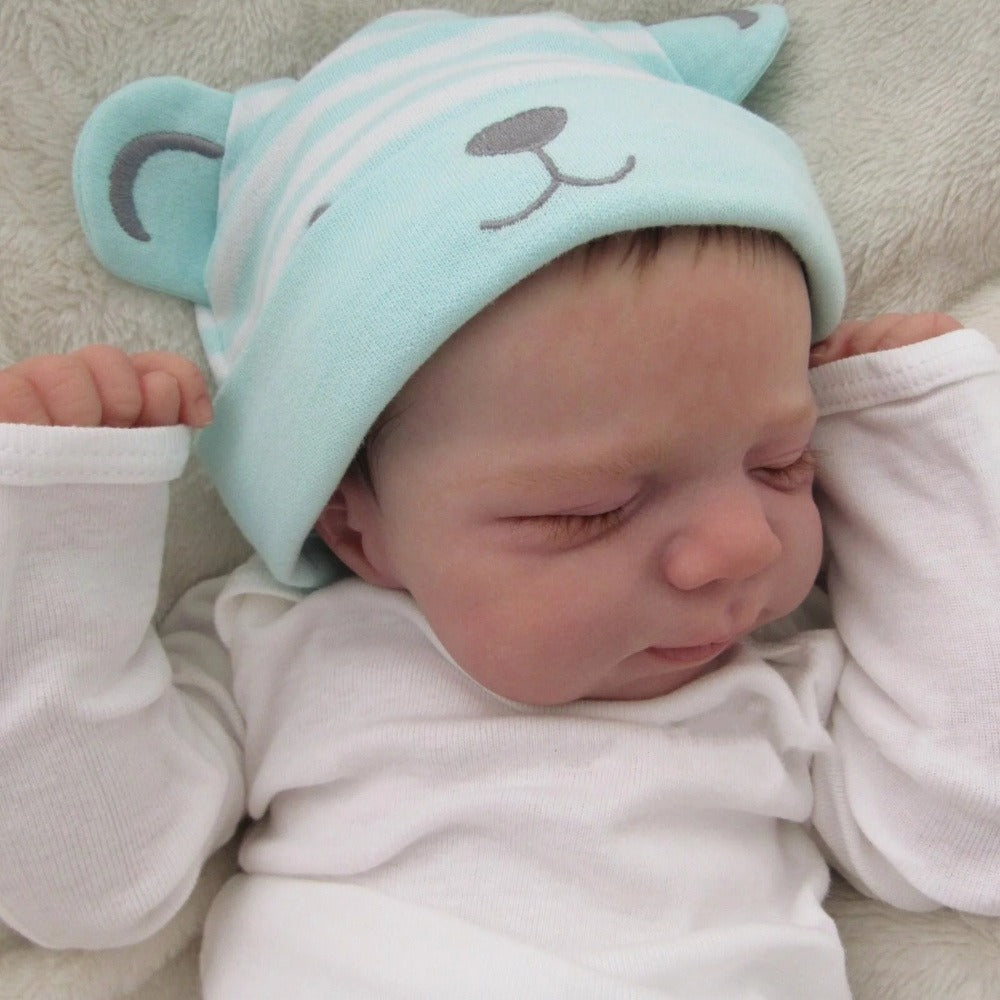 Closed-Eye 19-Inch Baby Doll with Full Vinyl Body, Mint Bear Hat and White Outfit for Pretend Play