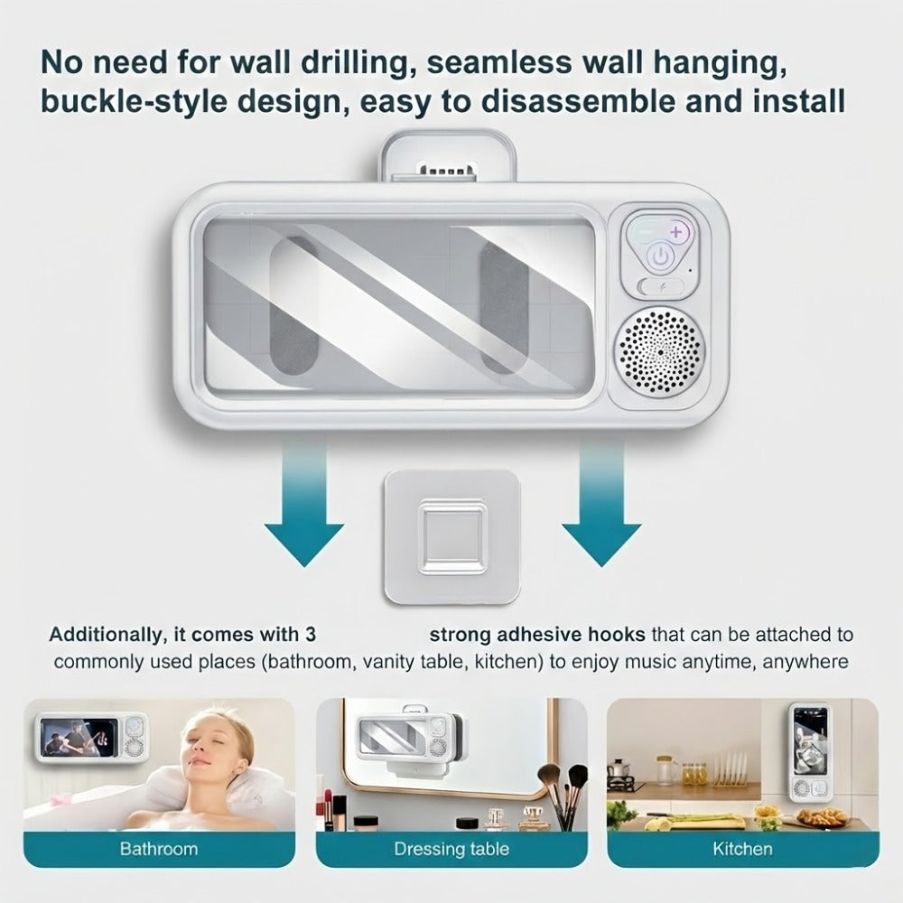 Shower Phone Holder Wall Mount with Bluetooth Speaker – 360° Rotating Waterproof Touchscreen Bathroom Phone Stand for iPhone 16 15 14 13 Samsung Galaxy Android – Hands-Free Bathtub Mirror Mount Black Pink White