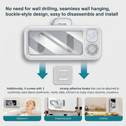 Shower Phone Holder Wall Mount with Bluetooth Speaker – 360° Rotating Waterproof Touchscreen Bathroom Phone Stand for iPhone 16 15 14 13 Samsung Galaxy Android – Hands-Free Bathtub Mirror Mount Black Pink White