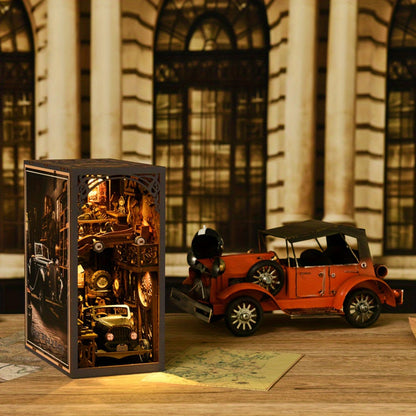 Car Players Book Nook Kit with 145-Piece Vintage Garage Scene, Warm Light and Clear Front Cover