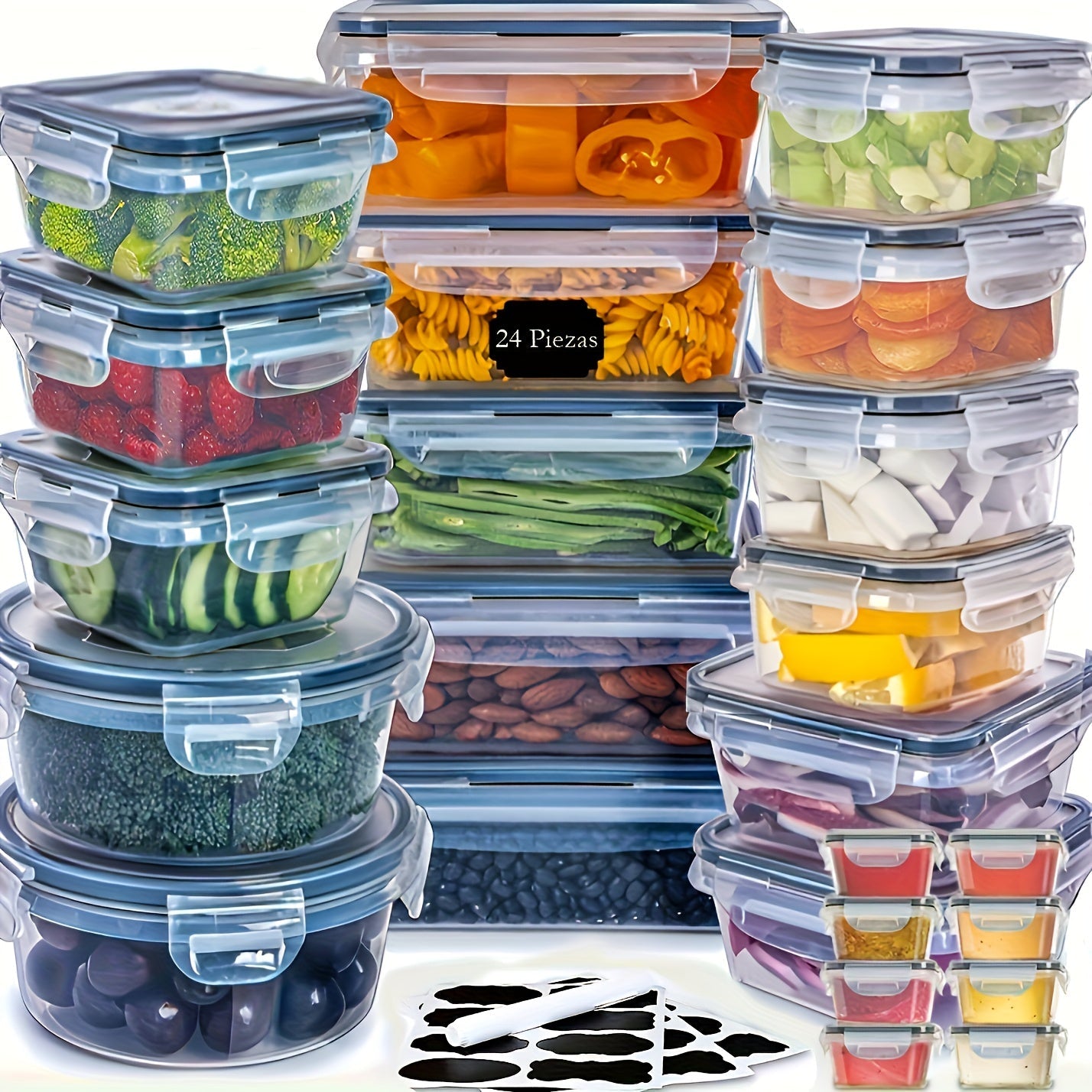 Food Storage Containers 48-Piece Multi-Shape Set with 24 Boxes, 24 Lids and Eight Documented Sizes