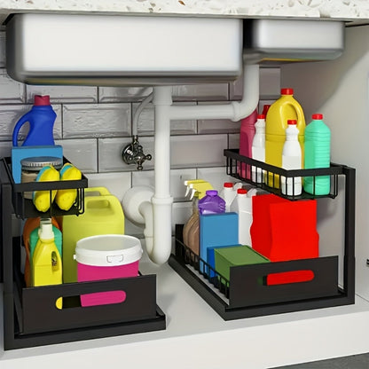 Two-Tier Pull-Out Under-Sink Cabinet Organizer with Six Exact Black, White or Grey Pack Options