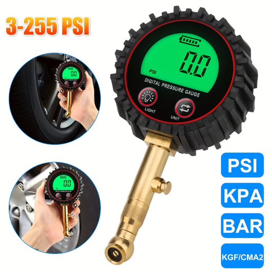 Digital Tire Pressure Gauge LCD 3-255 PSI – 4-Unit Display (PSI/Bar/KPa/kg㎡), Green Backlight, 360° Chuck, Auto Shut-Off for Cars, Trucks, SUVs, Motorcycles & RVs, Black