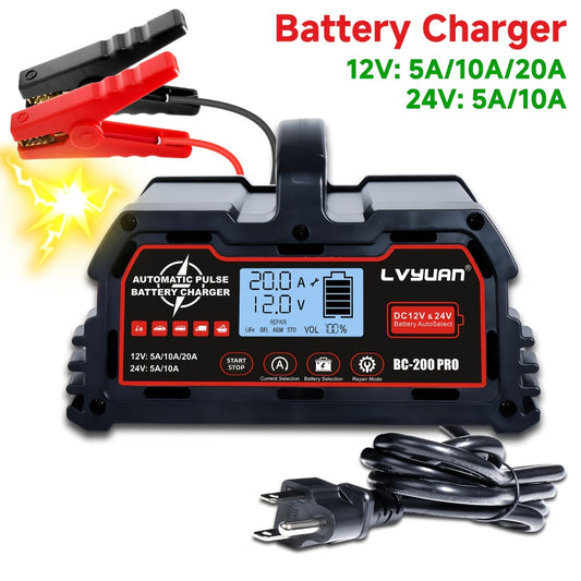 Smart Battery Charger Maintainer 12V 20A 24V 10A 8-Stage with Temperature Compensation for LiFePO4 Lead Acid Car Truck Motorcycle Boat - Trickle Charger