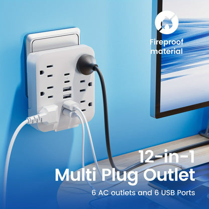 Power Strip Bedside Wall Extender 12-in-1 with 6 AC Outlets, 4 USB-A, 2 USB-C and Cord-Free Plug-In Design