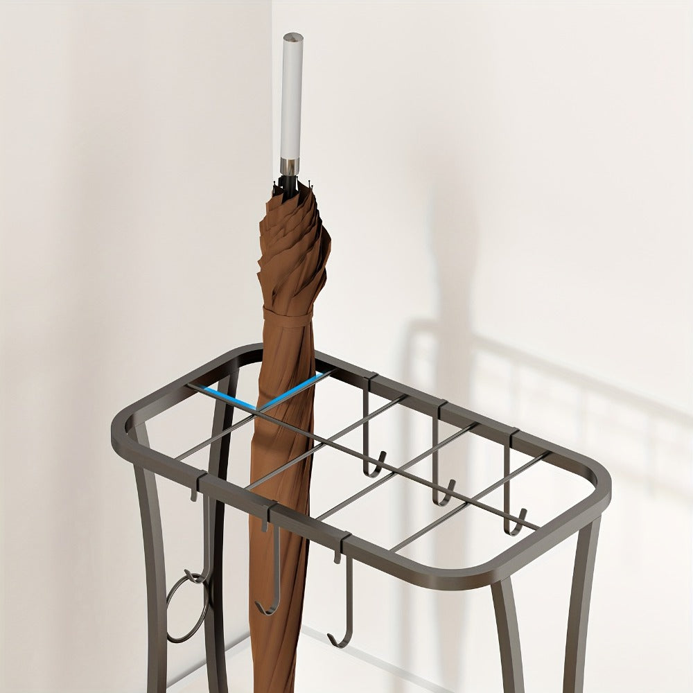 Freestanding Black Metal Umbrella Stand with Four Hanging Slots and Removable Bottom Drip Tray