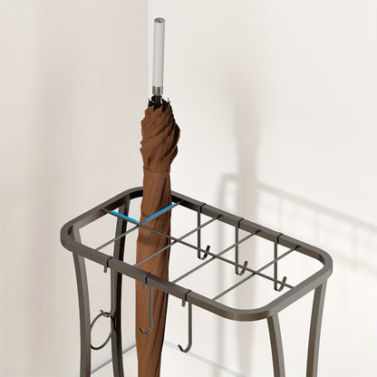 Freestanding Black Metal Umbrella Stand with Four Hanging Slots and Removable Bottom Drip Tray