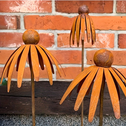 Rustic Iron Coneflower Garden Stake with 78 cm Stem, 13 cm Bloom and Ground Insert for Pots and Borders