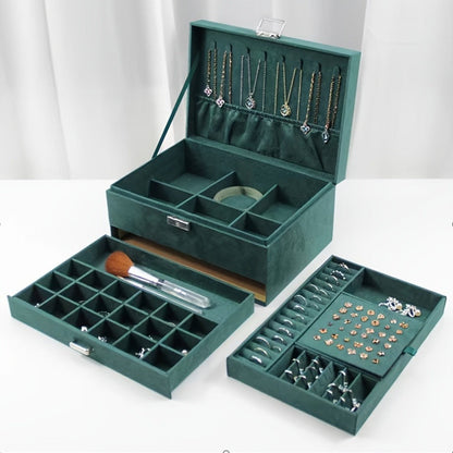 Jewelry Organizer Velvet-Lined Box with Key-Lock Closure and Drawers in Green, Pink or Black