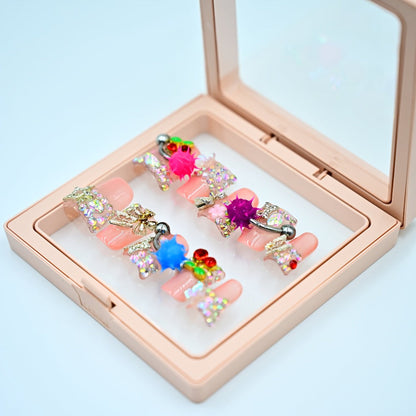 Press On Nails Handmade Y2K Duckbill Set with 3D Eye Barbell Star Rhinestone Charms and S M L Sizes