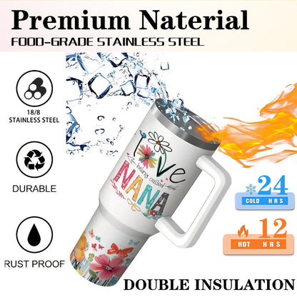 Floral Nana Graphic Stainless Steel Tumbler with Lid and Straw in White 16oz or 40oz Options