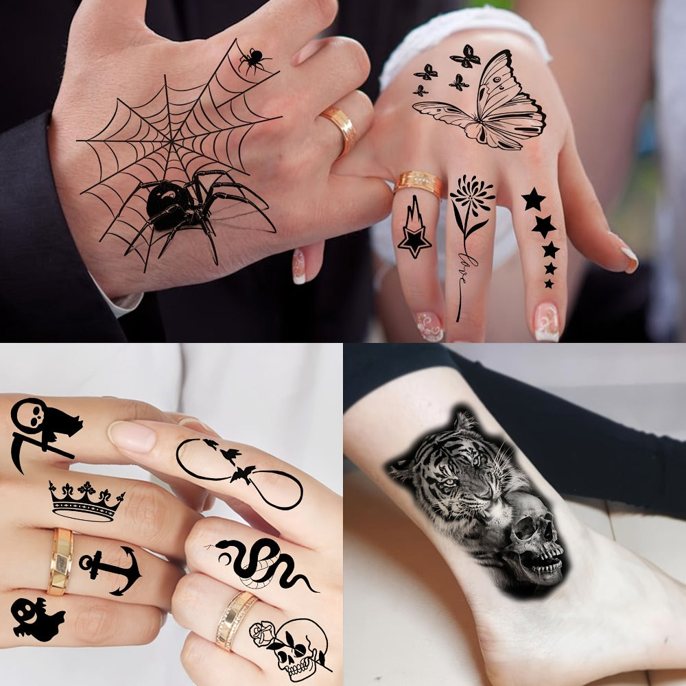 Temporary Tattoos, 71-Sheet Old School and Gothic Set with Tiger, Wolf, Lion, Dragon, Skull and Floral Motifs