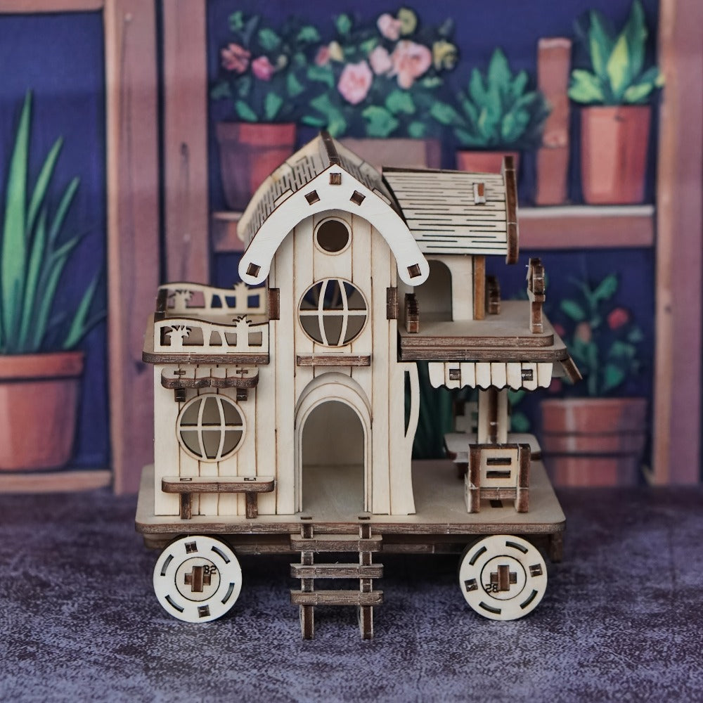 3D Wooden Mobile Home Puzzle Model Kit with Café Bar Details, 11 x 6 x 12 cm Finished Display