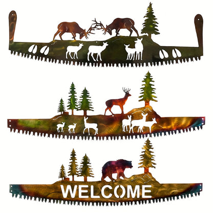 Wildlife Saw-Blade Metal Wall Art with Deer, Bear Welcome or Antler-Locking Deer Silhouette Options
