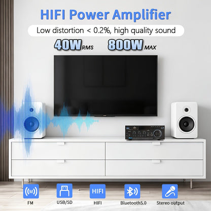 AK45 Two-Channel Bluetooth Home Audio Amplifier with FM, Karaoke Inputs, USB, MMC and SD Card Playback Options