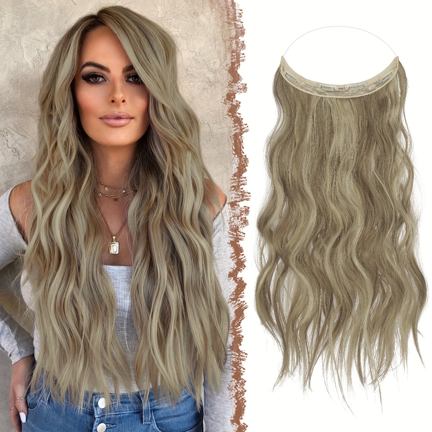Hair Extensions Wavy 18-Inch Synthetic Halo Weft with Clear Wire, Two Clips and Ten Color Options