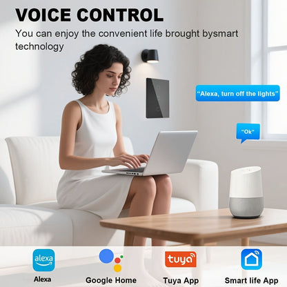 Black Glass WiFi Touch Wall Switch with One-, Two-, Three- or Four-Gang US-Style Options and Neutral-Wire Wiring