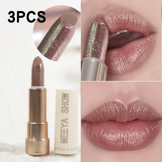 Glitter Lipstick Set 3PCS Pearlescent Metallic Finish - Nude Brown Golden Shimmer High Shine Lip Color for Daily Makeup Music Festival Party Date Night All Skin Tones