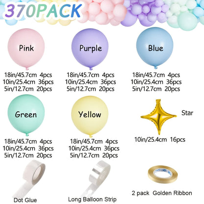 Pastel Balloon Set 370pcs – 10 & 5 Inch Macaron Latex Balloons with Wreath Kit for Birthday Party, Wedding, Graduation & Celebration Decorations