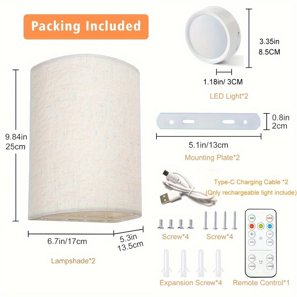 Rechargeable Two-Light Fabric Shade Wall Sconce Set with Magnetic Puck Lights and CCT or RGB Option