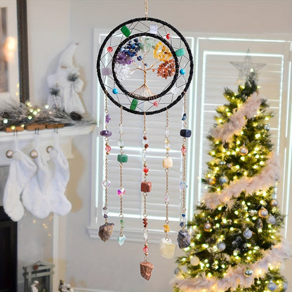 Crystal Wind Chime Suncatcher with Life Tree Pendant - Handmade Bohemian Shattered Stone Woven Hanging Decor for Outdoor Garden Window Porch, Christmas Wedding Birthday New Year Gift