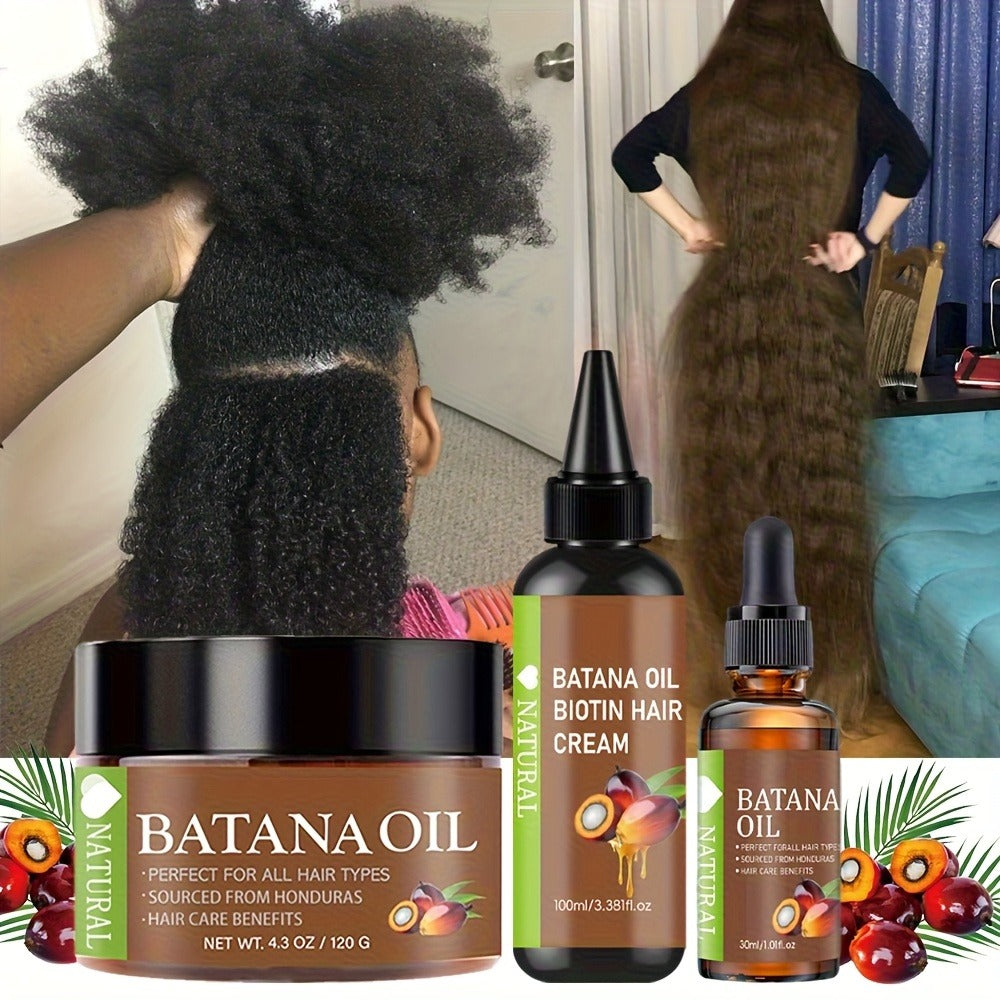 Honduran Batana Oil & Biotin 3-Piece Hair Care Set — Cold-Pressed Pure Extract, Nourishes Scalp, Strengthens Strands, Prevents Breakage & Split Ends, Adds Shine, All Hair Types, Unisex