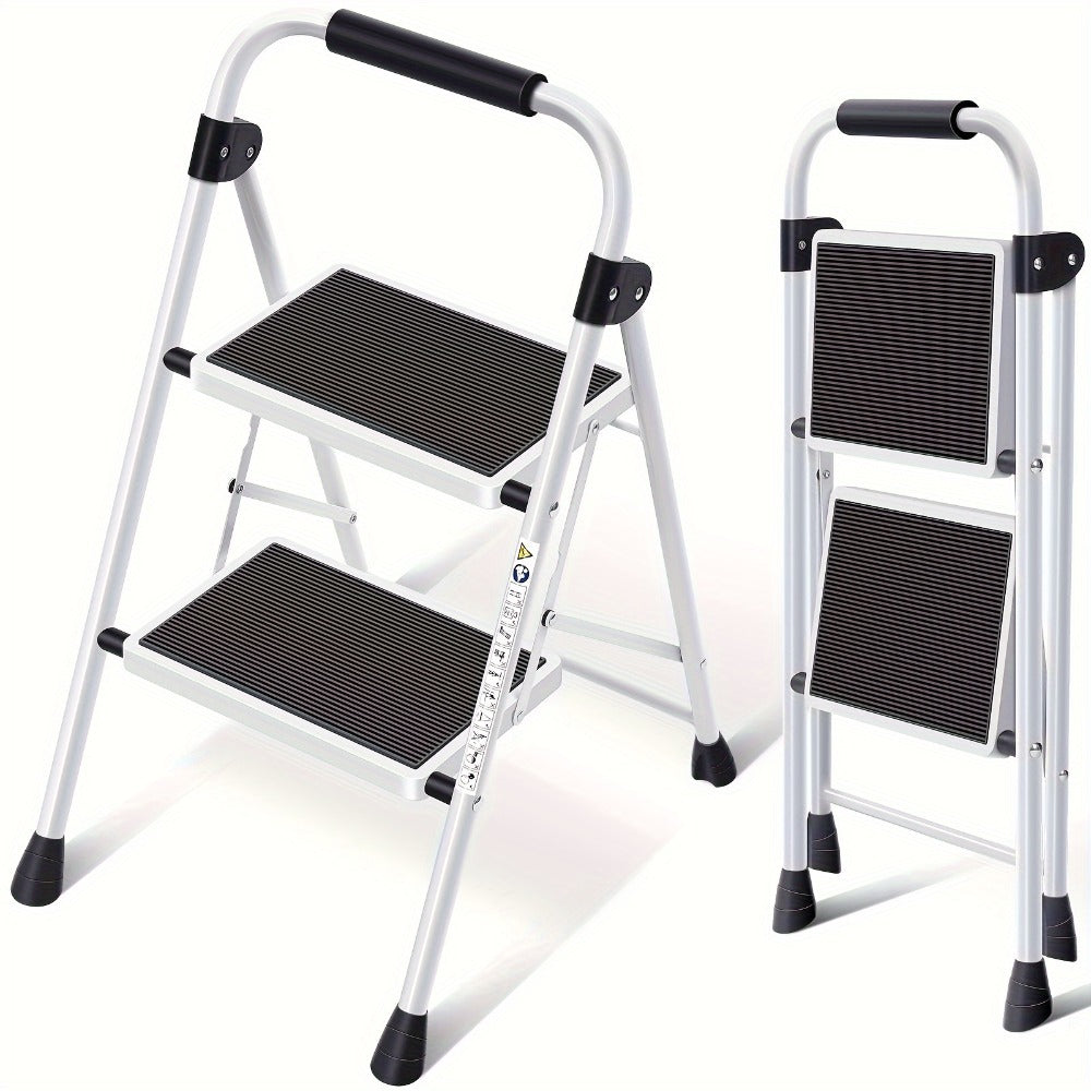 Two-Step Folding Step Ladder in White or Red with Wide Tread Platforms and Curved Safety Handle