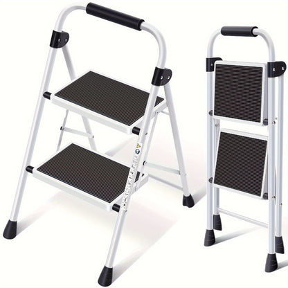 Two-Step Folding Step Ladder in White or Red with Wide Tread Platforms and Curved Safety Handle