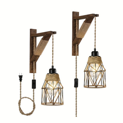 Plug-In Cage Wall Sconce with Wooden Bracket, 250 cm Cord and Single or Two-Piece Farmhouse Options