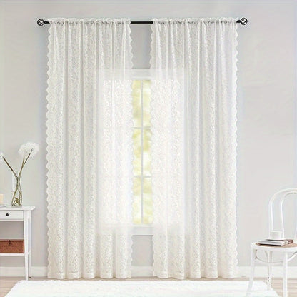 Sheer Curtain Rod Pocket Floral Lace Semi-Sheer Window Panel for Living Room Bedroom Kitchen Bathroom, 100% Polyester, Machine Washable, White Light Green Coffee