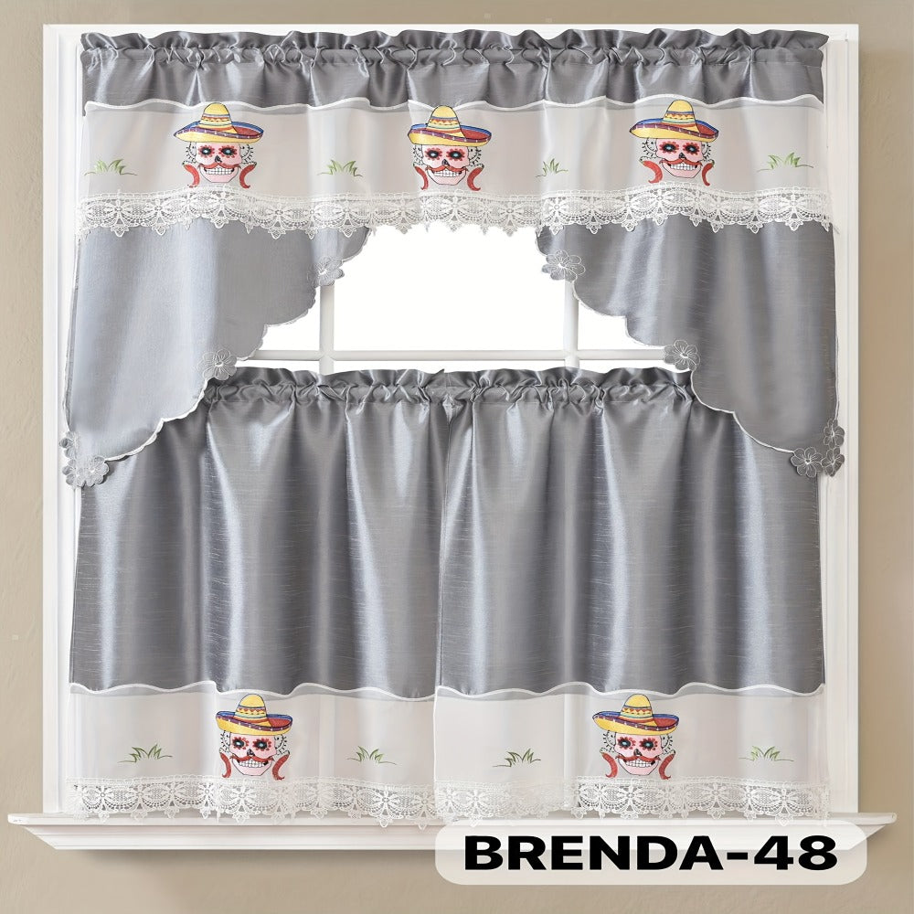 Three-Piece Patterned Kitchen Curtain Set with One Valance, Two Tiers and Forty-Six Exact Design Options