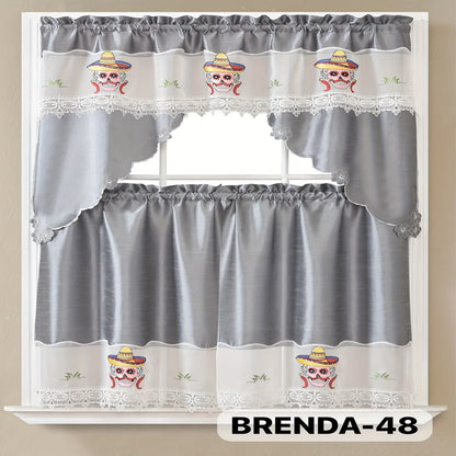 Three-Piece Patterned Kitchen Curtain Set with One Valance, Two Tiers and Forty-Six Exact Design Options