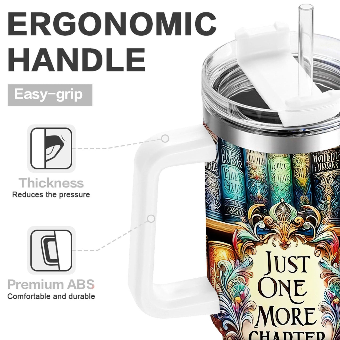 40oz Bookshelf-Art Handled Tumbler with Rotating Two-Position Lid, Straw and 7.5 x 27.5 cm Pictured Size
