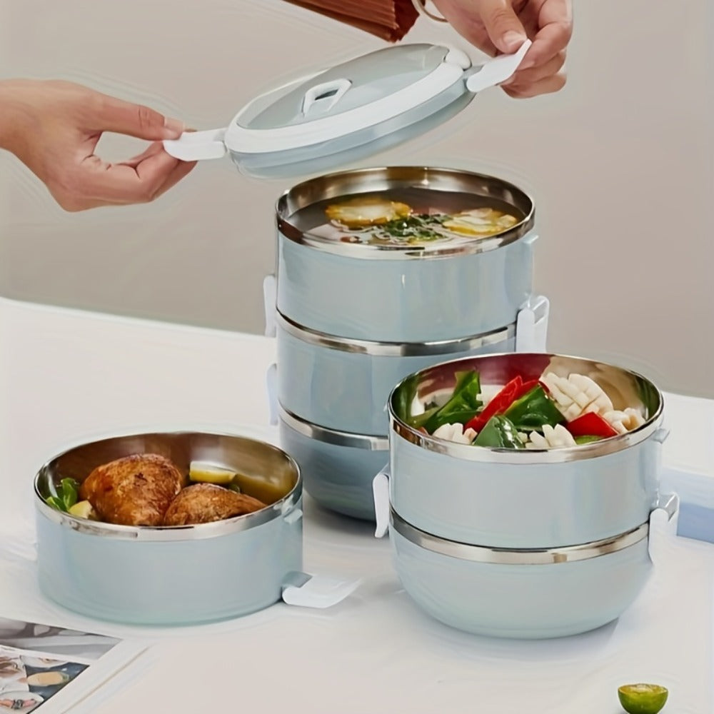 Stackable Bento Lunch Box, Stainless Steel Cylindrical Meal Container in 2-Layer, 3-Layer or 4-Layer Options