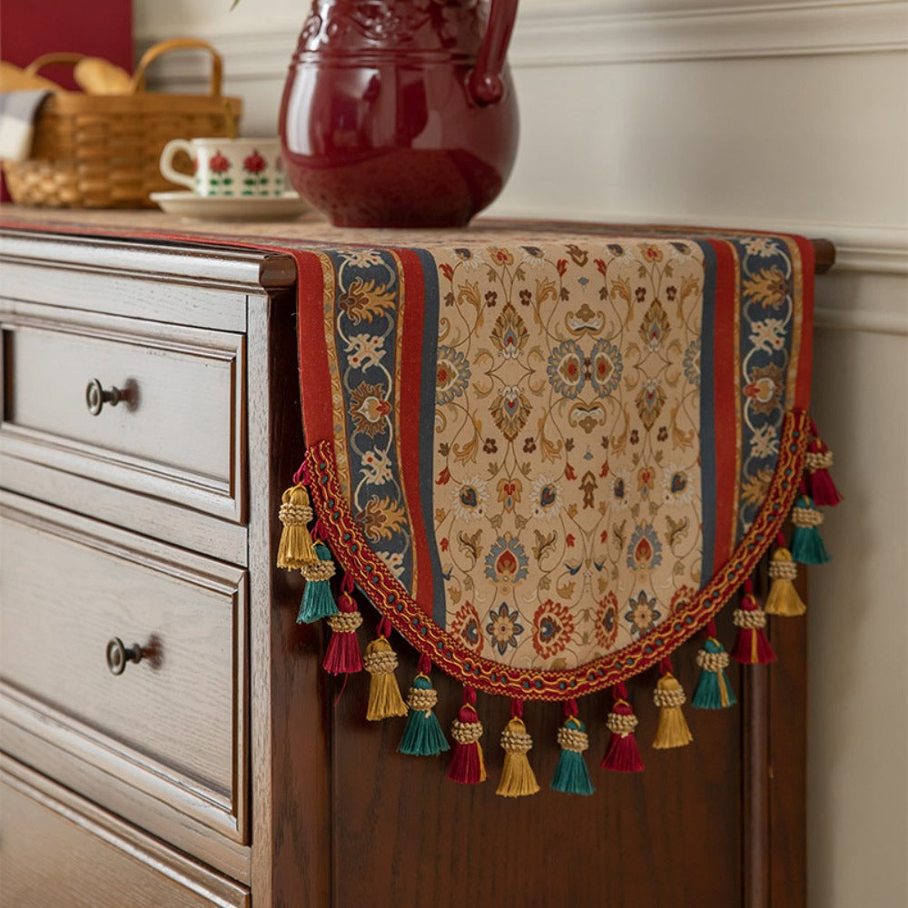 Tasseled Floral Table Runner with 15.75-Inch Width and Three Length Options for Dining Tables