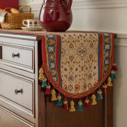 Tasseled Floral Table Runner with 15.75-Inch Width and Three Length Options for Dining Tables